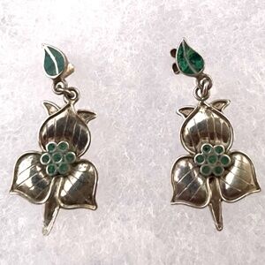 Vintage 950 Sterling Silver Dangle/Drop Flower Earrings w/ Turquoise
